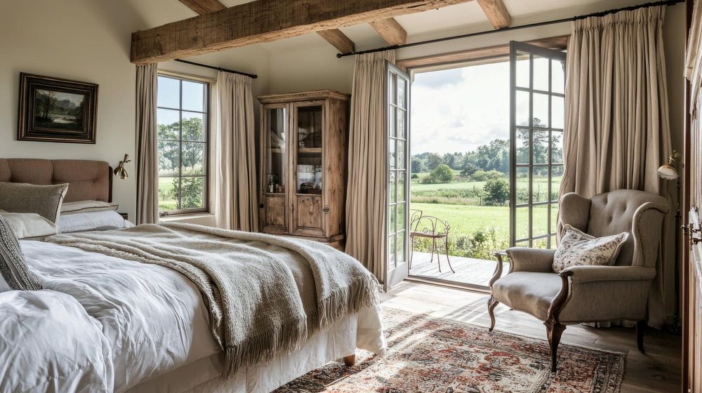 Chambre L'Olivier, portes-fenêtres ouvertes sur le jardin