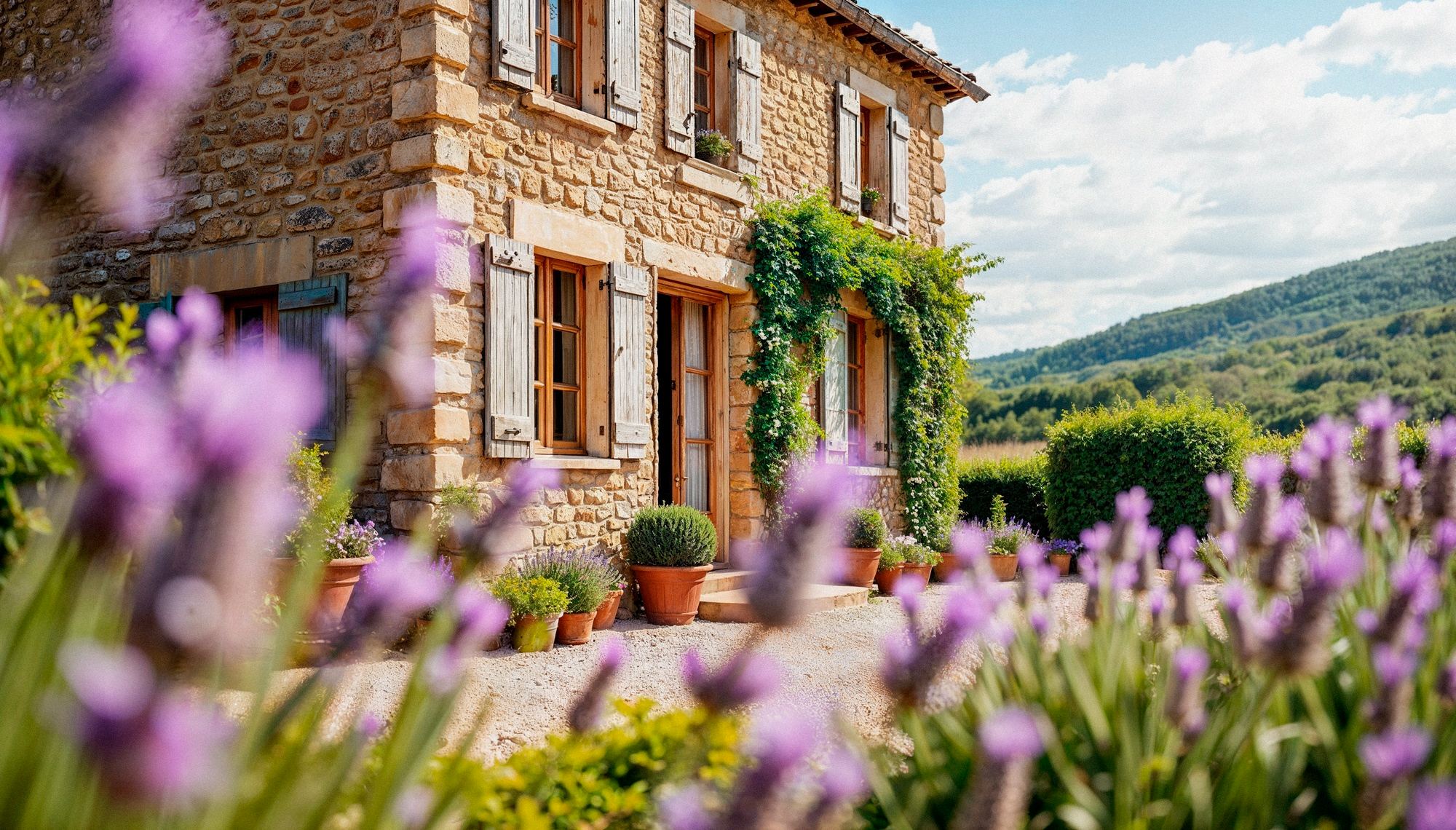 Façade en pierre et volets en bois, lavande en fleur au premier plan