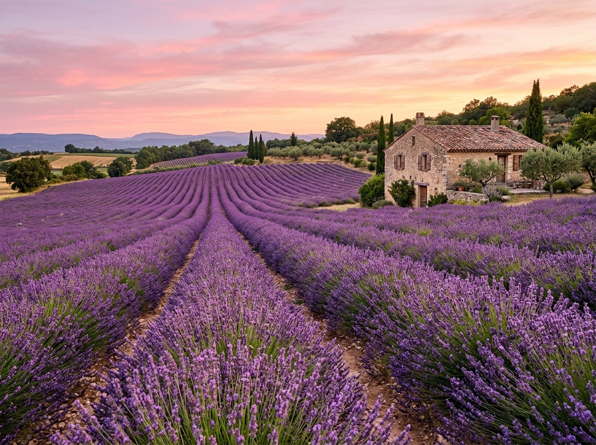 Maison de pierre au milieu d'un champ de lavande en Drôme provençale, au coucher du soleil