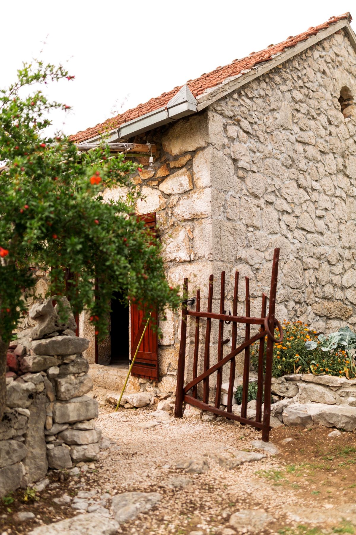 Maison de pierre, porte rouge et portillon en fer forgé sous un rosier